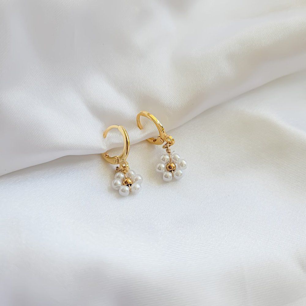 5/$25 Tiny Pearl Flower Huggie Hoop Earrings - Picture 3 of 6